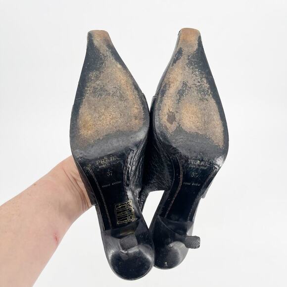 Retro Prada Black Pebbled Leather Fringe Detail Square Toe Slingback Heel IT 37 - Picture 11 of 12